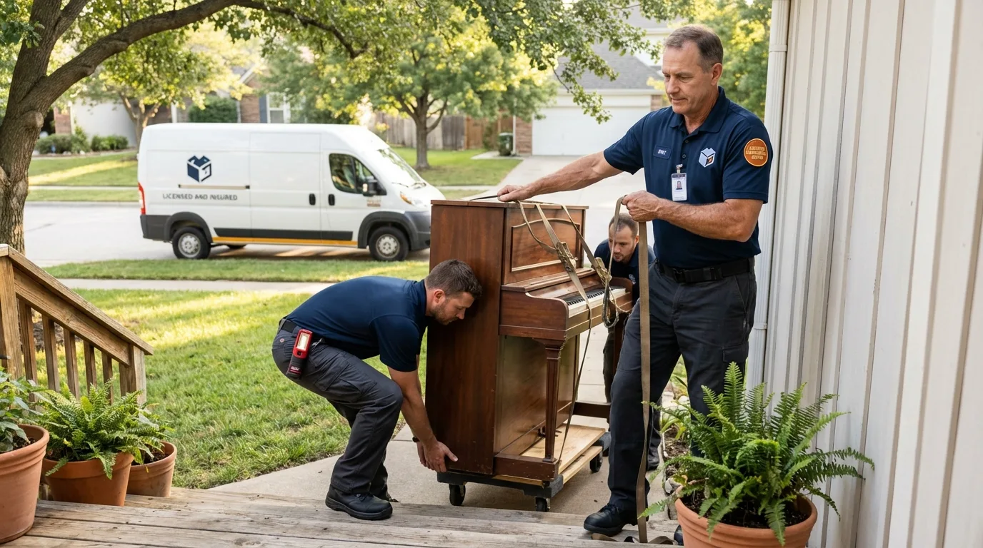 Licensed piano movers securing grand piano in Quartzsite, AZ