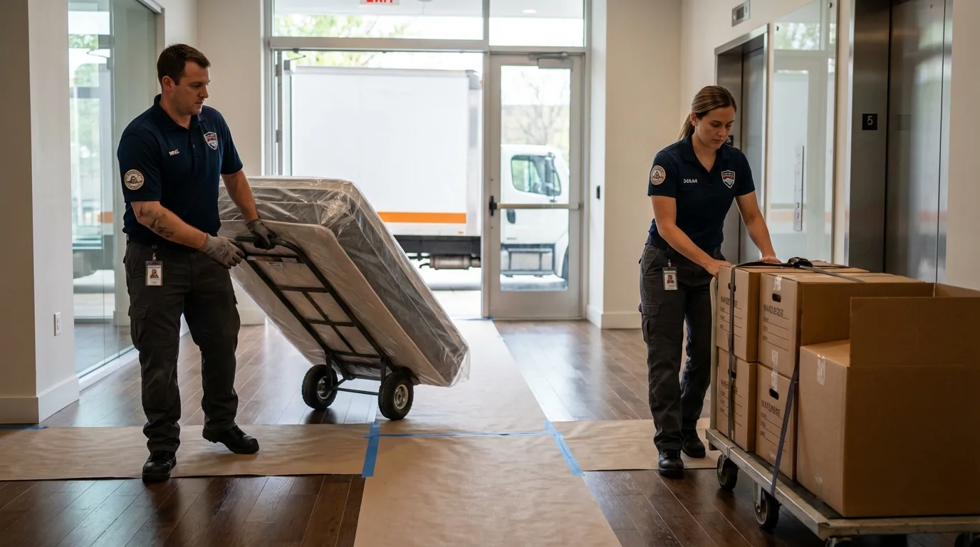 Professional apartment movers loading elevator in Quartzsite, AZ